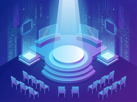 Isometric vector illustration of product launch event stage with spotlight