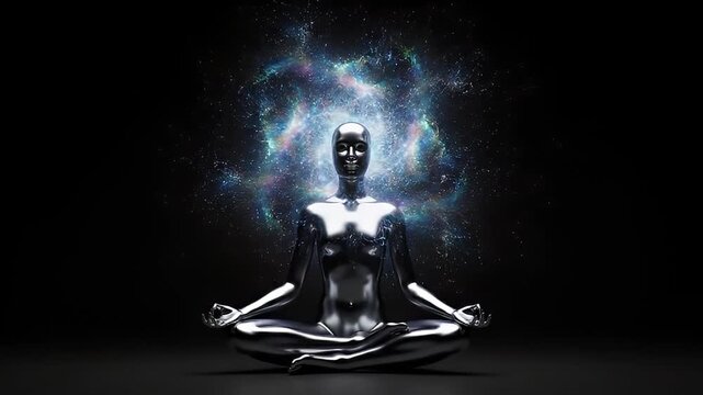Silver chrome mannequin meditating with glowing halo effect.