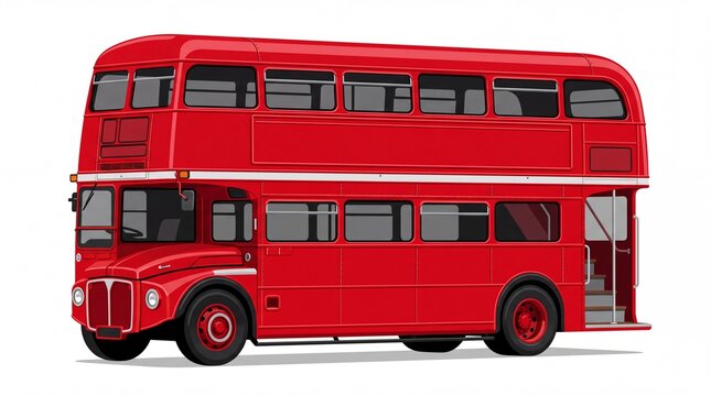 Iconic bright red London double decker bus illustration shown from the side on white background