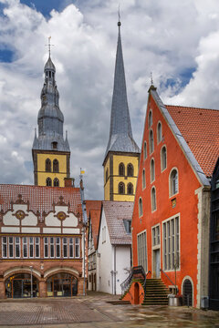 Ballhaus and Town Hall with church towers in Lemgo, Germany. Winter partly cloudy light.