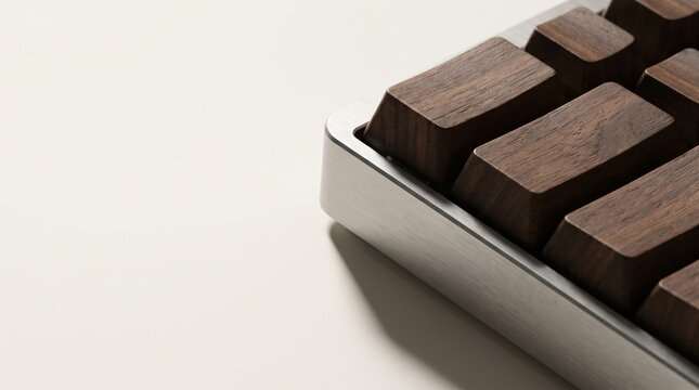 Custom mechanical keyboard with wooden keycaps and brushed aluminum frame on minimalist desk setup