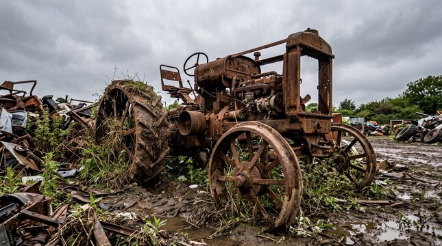 Old rusty vintage tractor abandoned in a muddy junkyard under an overcast sky