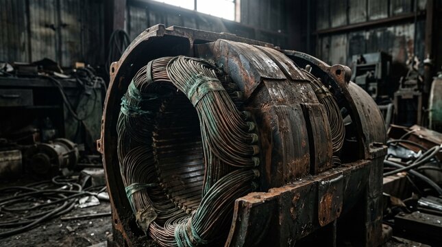 Old industrial electric motor stator with copper windings inside a workshop