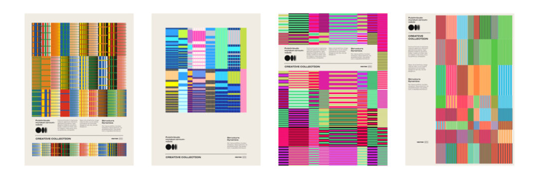 Striped pattern posters with abstract glitch color lines and geometric stripes backgrounds in vector. Stripes pattern poster templates in modern trendy graphic design