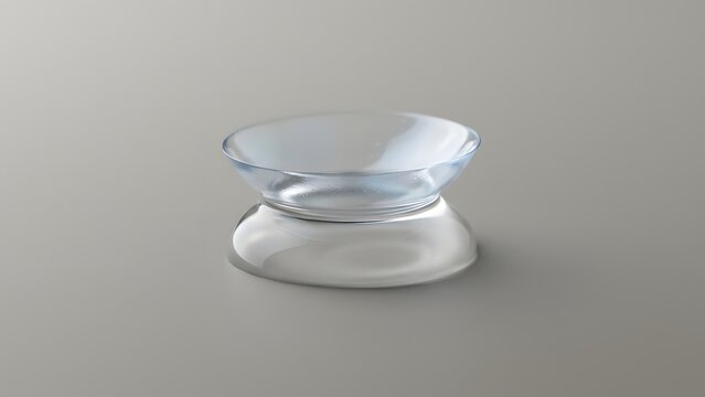 A single clear contact lens rests on a reflective surface, showing its curved shape and transparency.