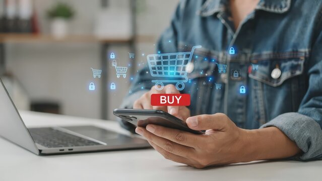 Person using a smartphone to shop online with a digital buy button on the screen
