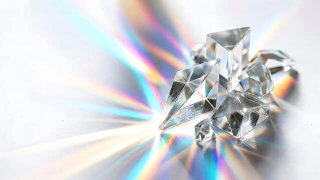 Sparkling diamonds with rainbow light refraction and dispersion effect on a reflective surface