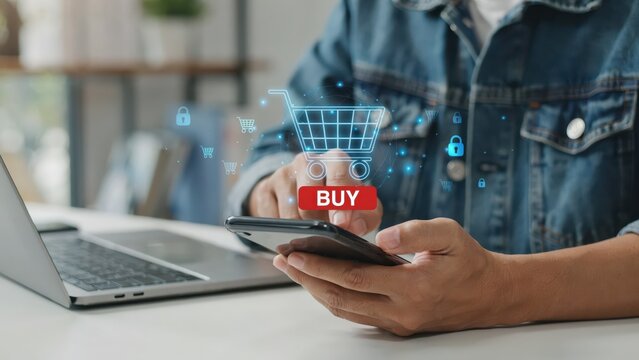 Person using a smartphone to shop online with a digital shopping cart button