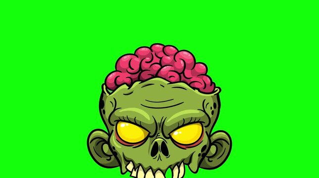 Animated Spooky Zombie Head with Exposed Brain Rising Up Green Screen Chroma Key Overlay
