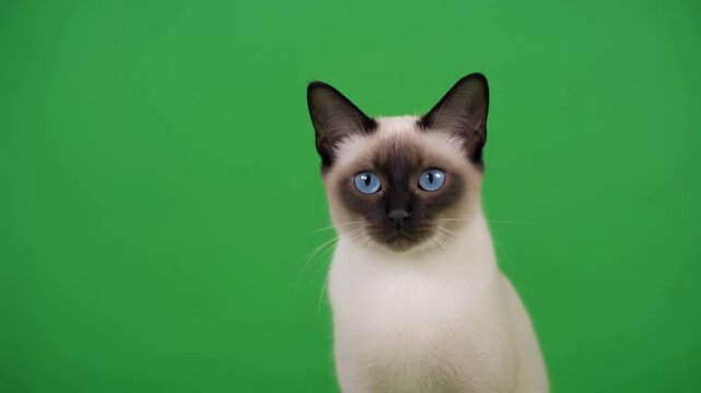 Siamese Cat Head Turns Left and Right Against a Green Screen Studio Background