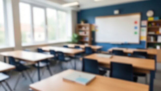 blurred empty modern classroom interior, wooden student desks and chairs, large windows with natural light, whiteboard on blue wall background.