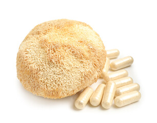 Functional mushroom and pills isolated on white © New Africa