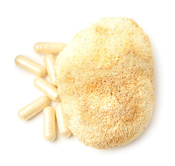 Functional mushroom and pills isolated on white, top view © New Africa