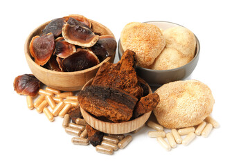 Different functional mushrooms and pills isolated on white © New Africa