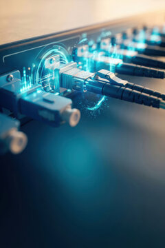 Fiber optic cables plugged into a network switch
