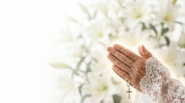An aged person holds a rosary with beads while joining hands in a posture of devotion before flowering lilies to represent a sense of profound spiritual peace within a religious funeral ceremony