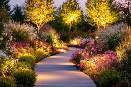 Illuminated garden pathway surrounded by colorful flowers and lit trees at twilight