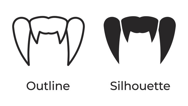 Vampire Fangs Icon: Two sets of vampire fangs, one in outline and one as a silhouette, presented side-by-side for comparison and graphic design use.