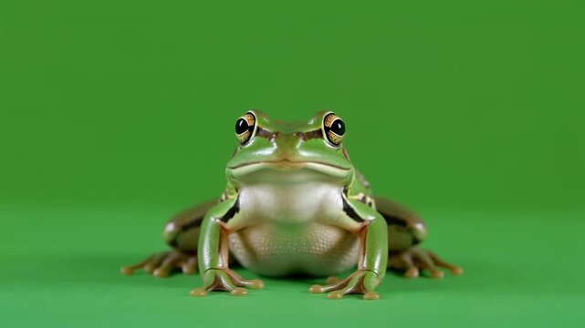 Six Frogs Sitting In A Row On Green Background With Cinematic Motion