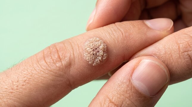 Extreme close up of common wart verruca vulgaris with black dots on human finger skin