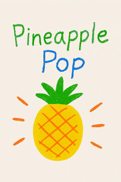 A hand drawn artistic rendering features a vibrant yellow tropical fruit with green leaves accompanied by playful colorful typography that suggests a refreshing snack theme for summer season