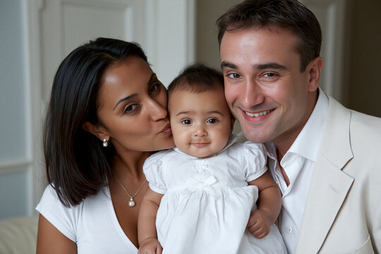 Family enjoys time together indoors with baby