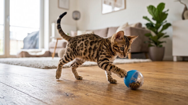 Bengal kitten playing with treat dispensing toy on wooden floor. Energetic domestic Bengal kitten playing indoors, actively rolling a blue sphere.