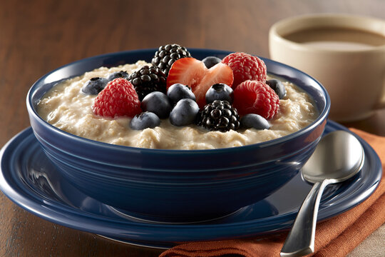 Oatmeal with berries on a wooden table