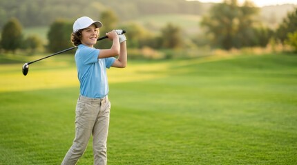 Fototapeta premium Young junior golfer smiling after successful swing on golf course
