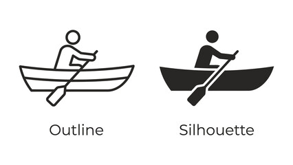 Canoeist Iconography: A set of graphic icons depicting a canoeist paddling a canoe, presented in both outline and silhouette styles, symbolizing watercraft and outdoor activity. © Md