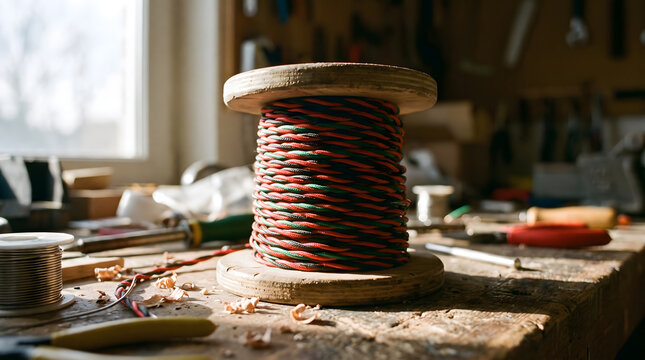 Wooden spool of braided electrical wire on a dusty workshop workbench with tools, soft natural sunlight, shallow depth of field concept for industrial craft and DIY repair project.