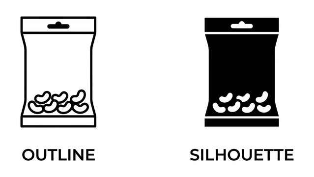 Snack Packaging Icons: A graphic set showcasing two distinct representations of a snack package, one as an outline and the other as a solid silhouette, both containing a few bean-shaped items.