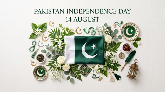 Pakistan Independence Day 14 August celebration, national flag with floral arrangement, traditional cultural flat lay on white background