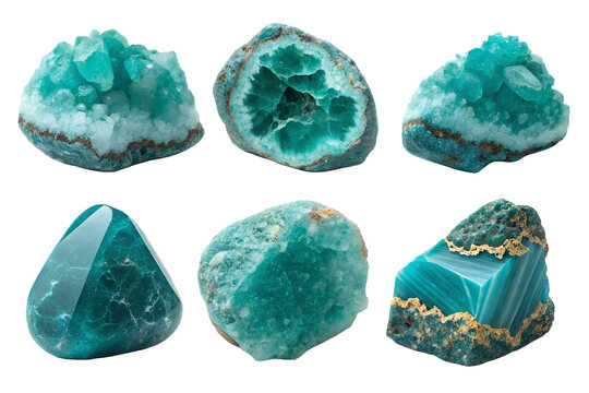 Turquoise mineral specimens with varied geometric shapes and crystalline formations are showcased in a curated studio arrangement.