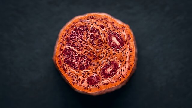 Cross section of a testis showing seminiferous tubules and blood vessels