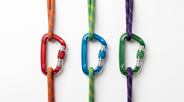Three Colorful Carabiners Attached to Climbing Ropes
