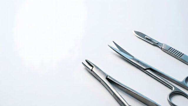 Surgical instruments including a scalpel, scissors, and forceps are laid out on a clean white surface.