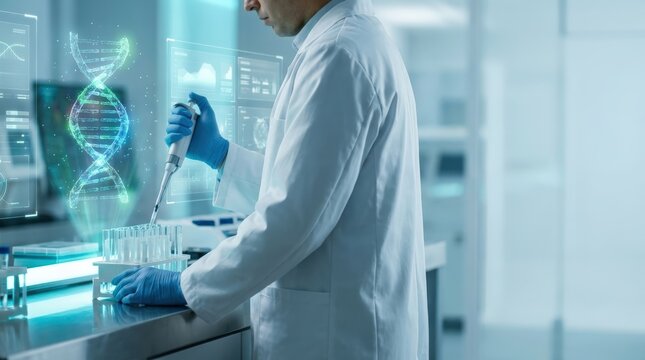 Scientist Conducting Genetic Research in Futuristic Biotechnology Laboratory