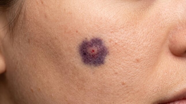 Close Up of Face Cheek with Purple Bruise Hematoma or Severe Bug Bite