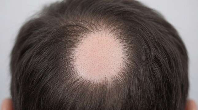 Close up of male head crown showing alopecia areata circular hair loss bald patch