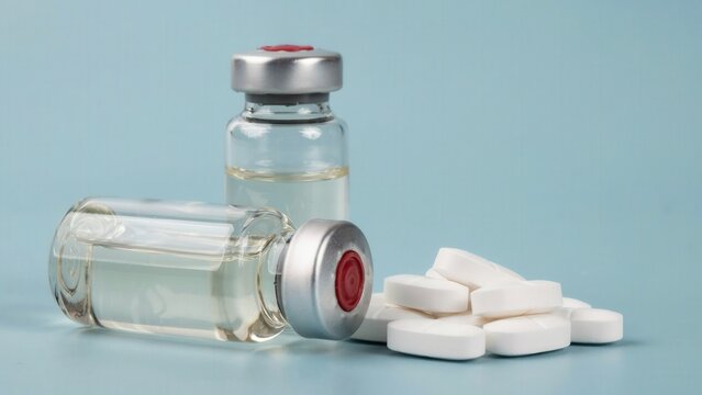 Medical glass vials and white pills on soft blue background with medicine healthcare medication pharmaceutical