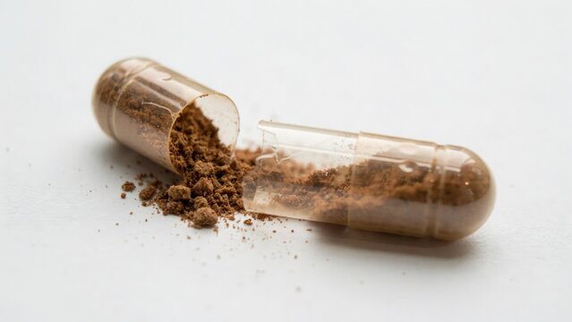 Broken capsule pill with spilled grainy brown powder contents isolated on white background medicine supplement