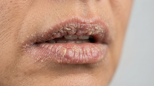 Extreme macro close up of severe exfoliative cheilitis and cracked peeling lips