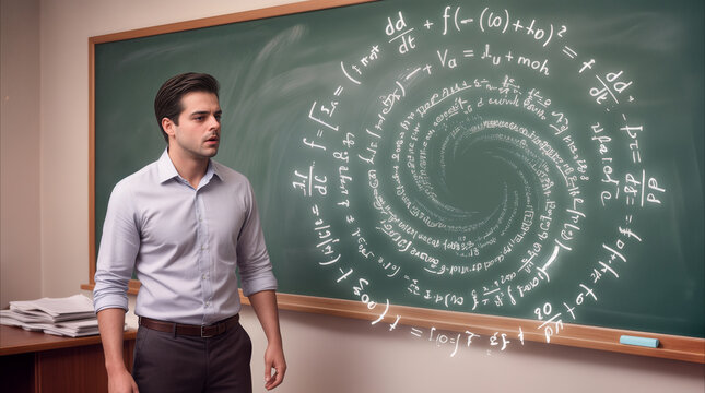 Young professor staring at complex mathematical equations forming spiral on chalkboard. Academic challenge and intellectual breakthrough concept in classroom setting.