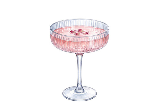 watercolor ribbed coupe glass pink floral cocktail illustration with dried rose petals garnish isolated on transparent background