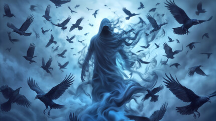 Naklejka premium Grim reaper silhouette emerging from smoke surrounded by flock of black crows. Dark fantasy concept of death and afterlife.