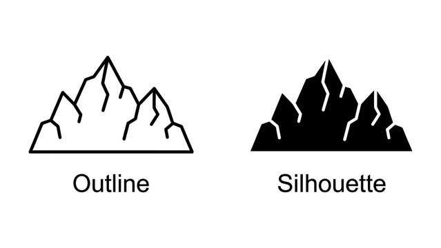 Mountain Outline and Silhouette: Two distinct mountain icons, one a clear outline and the other a solid silhouette, representing rugged peaks and natural grandeur.