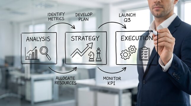 Businessman drawing business process flowchart with analysis strategy execution steps