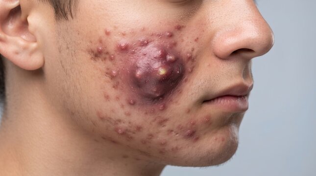 Close Up of Male Face with Severe Cystic Acne Large Pus Filled Pimple or Boil