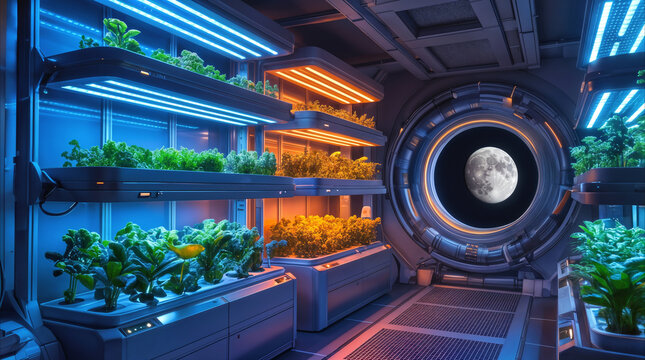 Hydroponic garden growing leafy greens inside futuristic space station module. Vertical farming system with LED grow lights and view of the moon through circular porthole window.